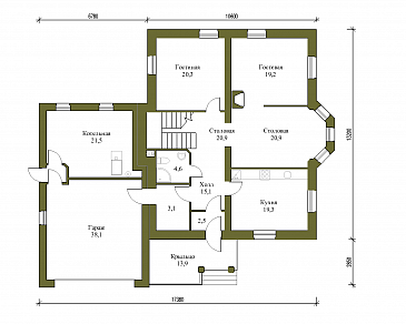 Проект коттеджа из газобетона с гаражом на 2 машины / План 1 этажа