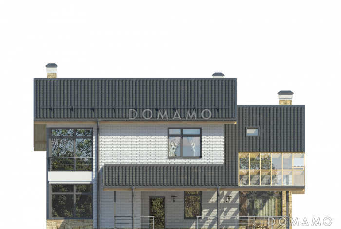 Проект загородного дома с игровой, крытой террасой, камином, просторной гостиной и кухней