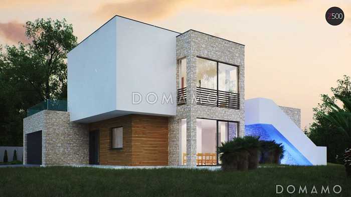 Проект красивого просторного двухэтажного коттеджа из кирпича с бассейном на цокольном этаже