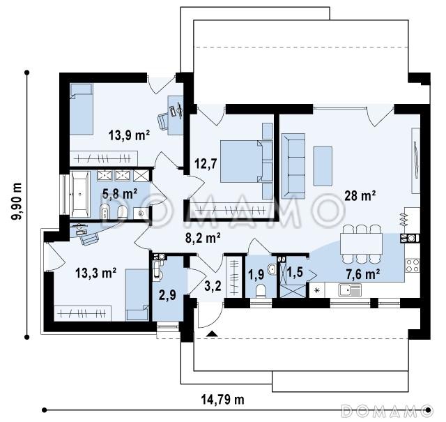 Проект одноэтажного дома из кирпича с плоской крышей с тремя спальнями / План 1 этажа