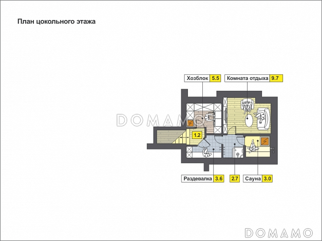 Одноэтажный дом с полукруглой террасой, просторной гостиной и кухней-столовой / План цокольного этажа