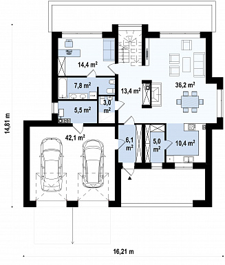 Проект современного двухэтажного дома из газобетона с четырьмя спальнями, кабинетом и большим гаражом / План 1 этажа
