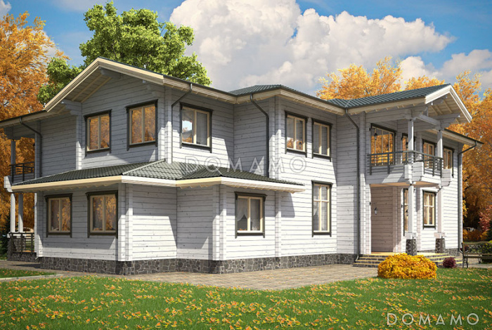 Проект двухэтажного дома из клееного бруса с панорамным остеклением