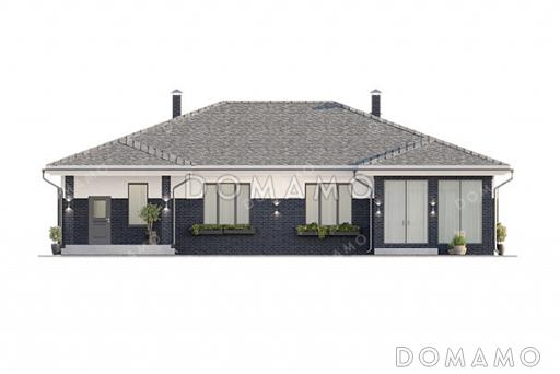 Проект большого одноэтажного дома с пристроенным гаражом, просторной кухней-гостиной, крытой застекленной верандой и навесом перед гаражом / Фасад 2