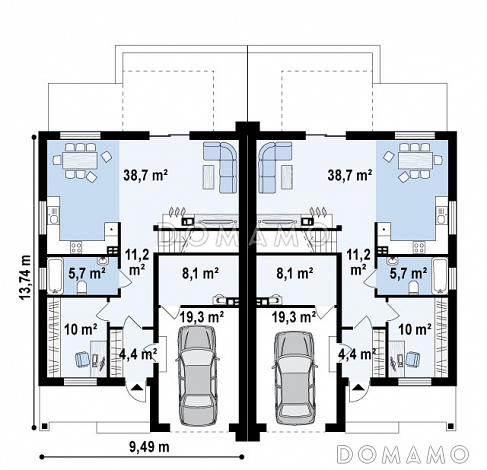 Проект мансардных домов-близнецов из газобетона с гаражом и современными элементами дизайна / План 1 этажа