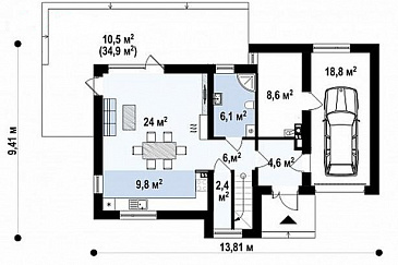 Проект двухэтажного дома с гаражом, кладовой, ванной с угловым окном, террасой / План 1 этажа