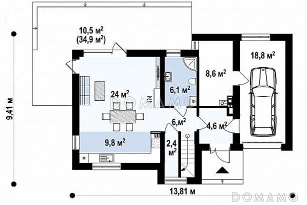 Проект двухэтажного дома с гаражом, кладовой, ванной с угловым окном, террасой / План 1 этажа