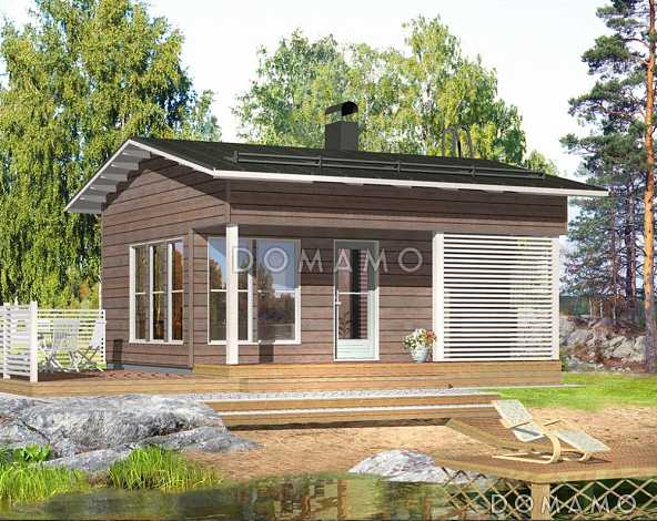 Проект каркасной сауны с большими окнами в комнате отдыха