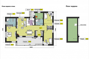 Проект одноэтажного дома с большой крытой террасой, тремя спальнями, кузней с окном, чердаком / План 1 этажа