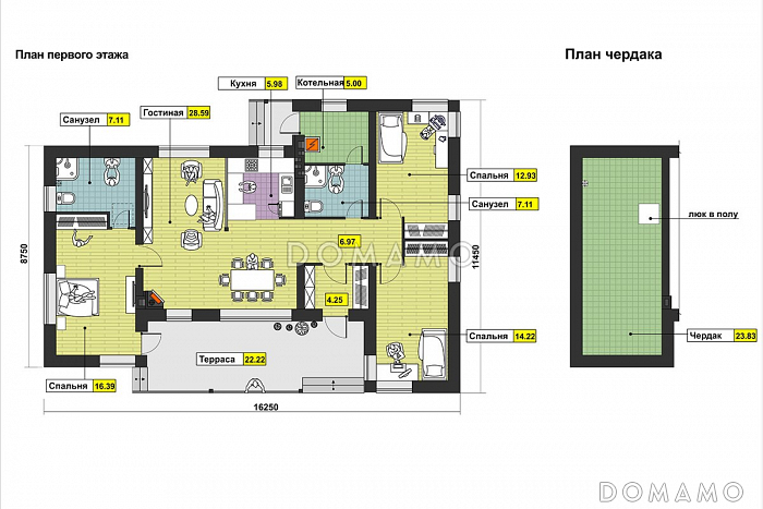 Проект одноэтажного дома с большой крытой террасой, тремя спальнями, кузней с окном, чердаком / План 1 этажа