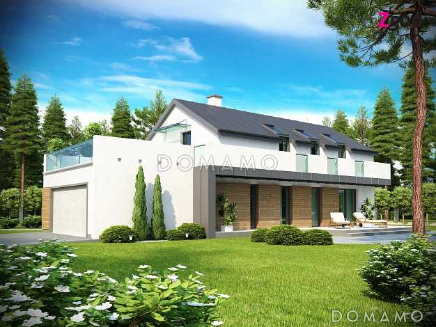 Проект двухэтажного дома из кирпича с двухскатной крышей с четырьмя комнатами, гаражом и открытой террасой над ним