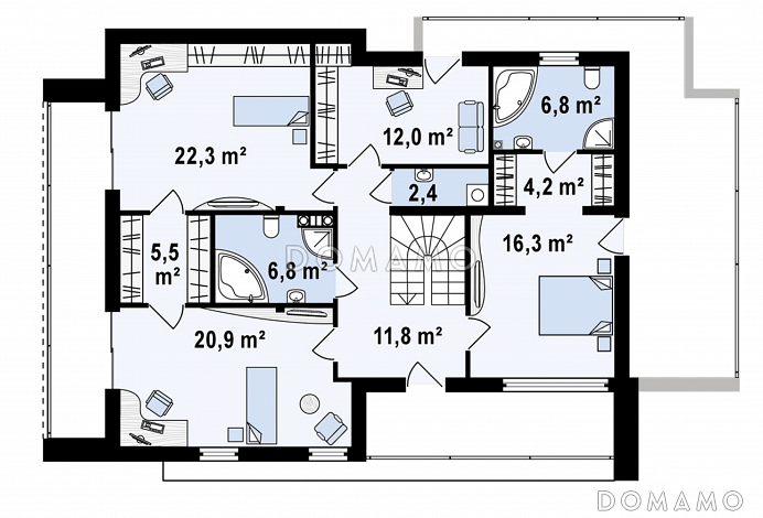 Проект просторного современного двухэтажного дома из газобетона, с пятью комнатами, большим гаражом и двумя лоджиями / План 2 этажа