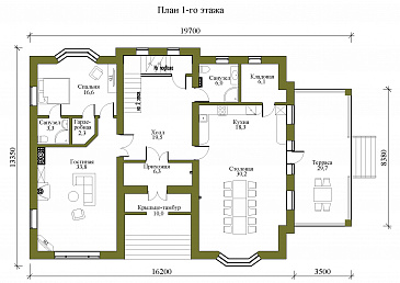 Проект двухэтажного дома в стиле фахверк с подвалом и лаундж-зоной / План 1 этажа