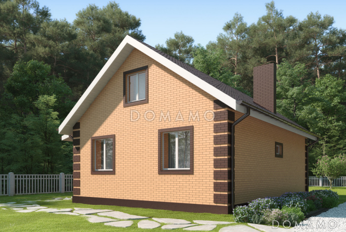 Проект дома из газобетона с верандой, санузлом с окном, отделкой фасадов кирпичом