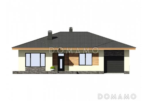 Проект одноэтажного дома из газобетона с гаражом, террасой, детскими / Фасад 1