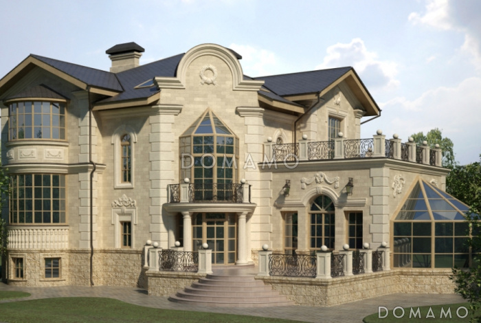 Проект дома с открытой террасой главного входа и пристроенным бассейном  