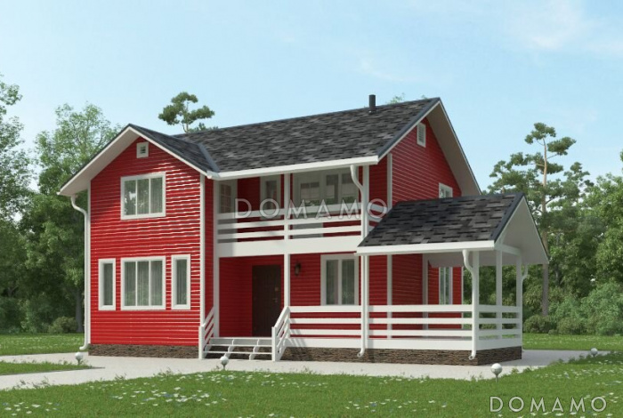 Проект яркого, каркасного дома с балконом на втором этаже