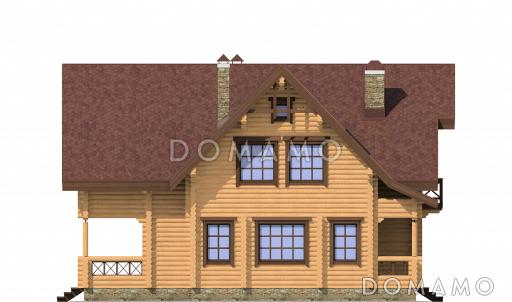 Проект дома из дерева с просторной верандой, четырьмя просторными спальными комнатами / Фасад 2