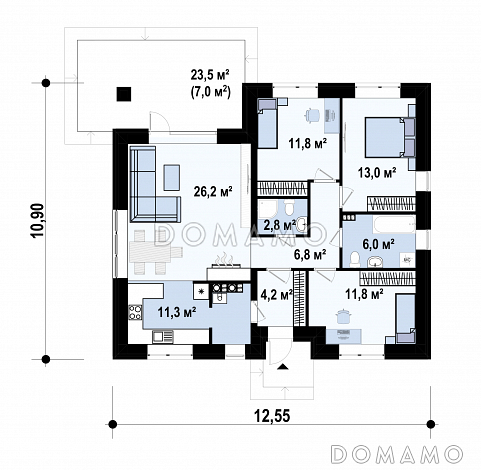 Проект одноэтажного дома с террасой, двумя санузлами, кухней и гостиной без перегородки / План 1 этажа