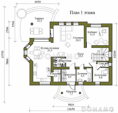 Проект двухэтажного каркасного дома с тремя балконами, округлыми террасой и крыльцом / План 1 этажа