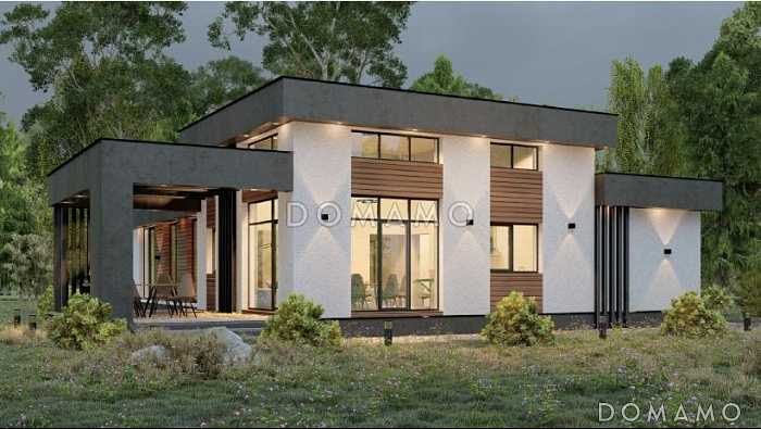 Проект одноэтажного дома с крытой террасой, объединенной кухней-гостиной-столовой, детскими, кабинетом