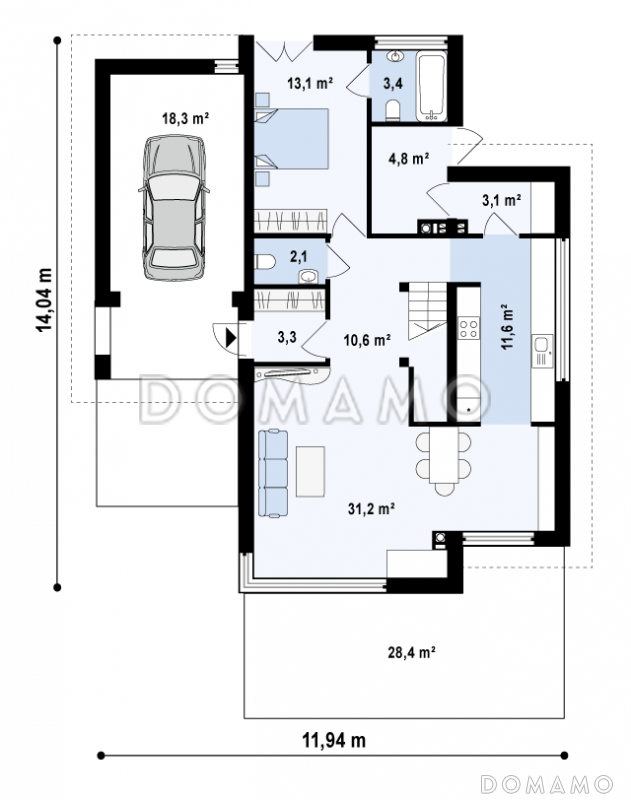 Проект современного двухэтажного дома из газобетона с четырьмя спальнями и пристроенным гаражом / План 1 этажа