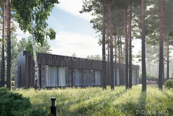 Проект кирпичного дома с навесом для автомобиля, летней кухней на террасе, тремя спальнями и местами для хранения