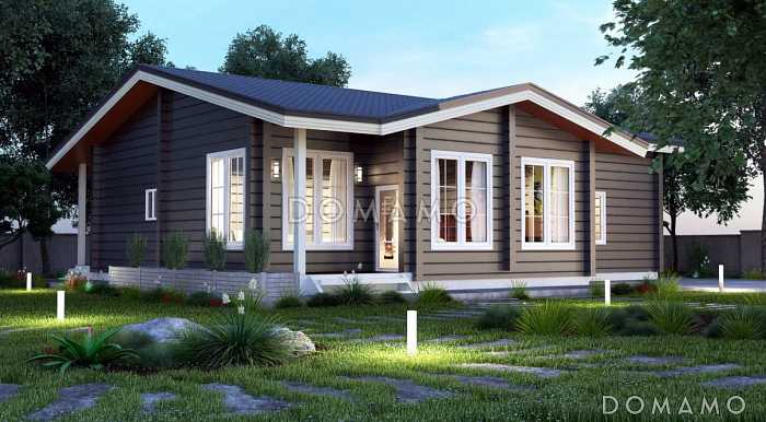 Проект одноэтажного дома из клееного бруса с просторной гардеробной и сауной