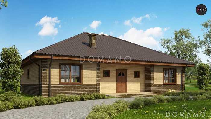 Проект одноэтажного дома из газобетона с облицовкой кирпичом с зоной барбекю на террасе 