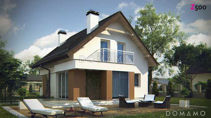 Проект классического одноэтажного мансардного дома из кирпича с эркером в столовой зоне, балконами и хозяйственным помещением