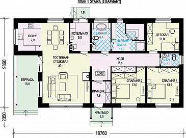 Проект одноэтажного газобетонного дома с тремя спальнями и сауной / План 1 этажа