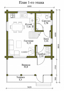 Проект двухэтажного дома из бревна с двумя спальнями, камином и верандой / План 1 этажа
