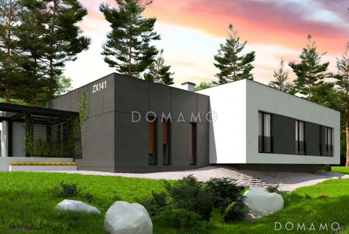 Проект просторного современного одноэтажного дома из кирпича с плоской крышей, с большой гостиной, террасой и гаражом