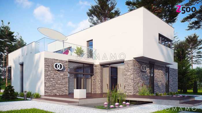 Проект современного двухэтажного дома из газобетона в стиле модерн, с террасой на втором уровне, с гаражом