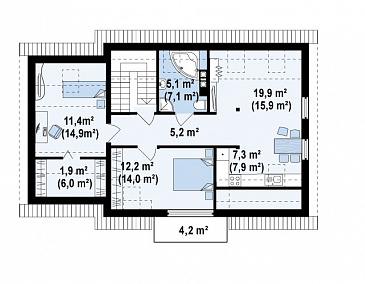 Проект одноэтажного мансардного дома из газобетона с гаражом, для двух семей на разных уровнях  / План мансардного этажа