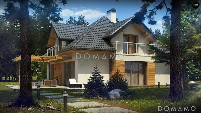 Проект загородного дома с гаражом, террасой, просторной гостиной, балконами в трех комнатах на мансарде