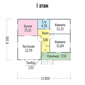 Проект бюджетного дома из клееного бруса с небольшой крытой террасой / План 1 этажа