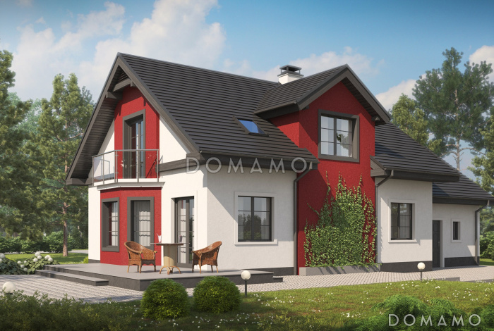 Проект одноэтажного мансардного дома из газобетона с кабинетом, эркером, балконом над ним и гаражом