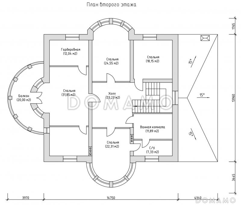 Проект двухэтажного жилого дома, запроектированного в современном стиле / План 2 этажа