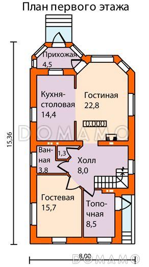 Проект небольшого кирпичного дома с выразительным обликом главного фасада / План 1 этажа