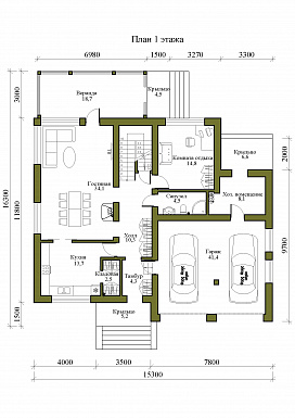 Проект двухэтажного дома с подвалом, гаражом и верандой / План 1 этажа