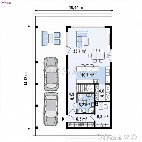 Проект современного одноэтажного мансардного коттеджа из газобетона с большой площадью остекления, вторым светом и навесом для двух автомобилей / План 1 этажа