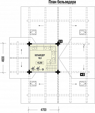 Проект двухэтажного дома из бруса с масштабной крытой террасой и бельведером / План 3 этажа