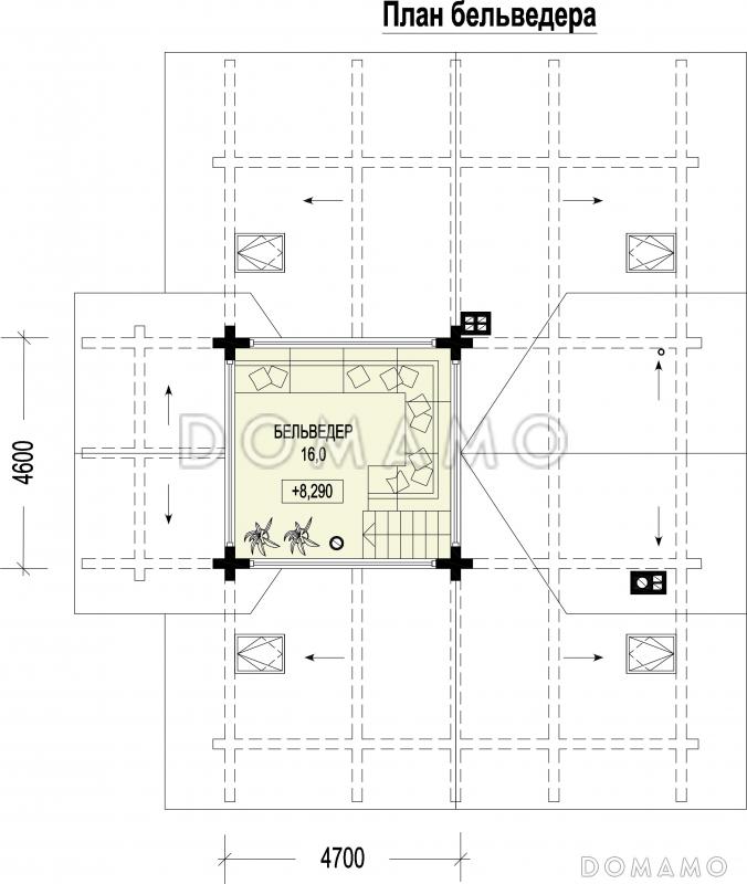 Проект двухэтажного дома из бруса с масштабной крытой террасой и бельведером / План 3 этажа