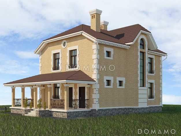 Проект двухэтажного дома с четырьмя спальнями и просторной крытой террасой