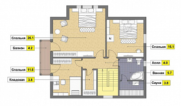Проект каркасного дома в стиле фахверк с сауной на мансардном этаже / План мансардного этажа