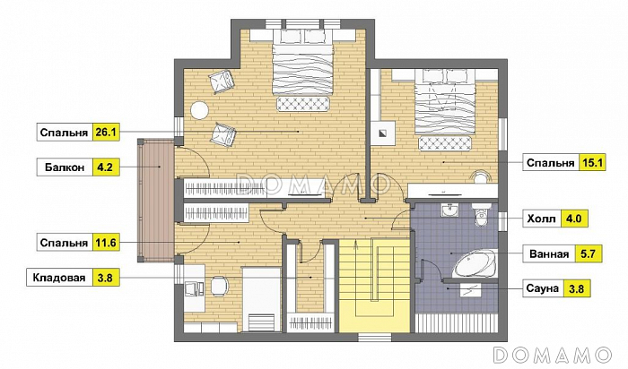 Проект каркасного дома в стиле фахверк с сауной на мансардном этаже / План мансардного этажа
