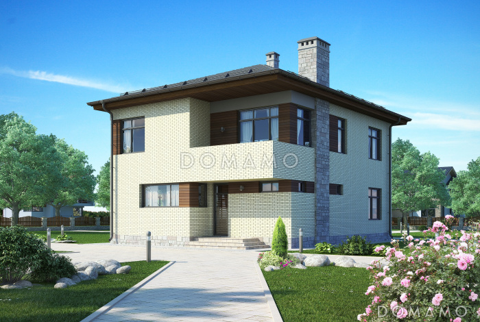 Двухэтажный загородный дом с облицовкой кирпичом, крытой террасой, спальней на первом этаже, двумя балконами