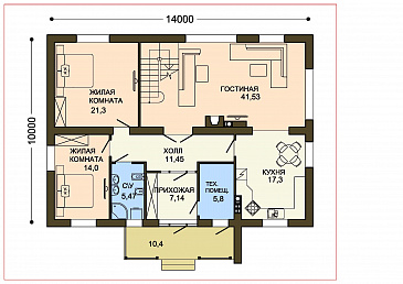 Проект двухэтажного коттеджа с контрофорсной стеной крыльца и вторым светом / План 1 этажа
