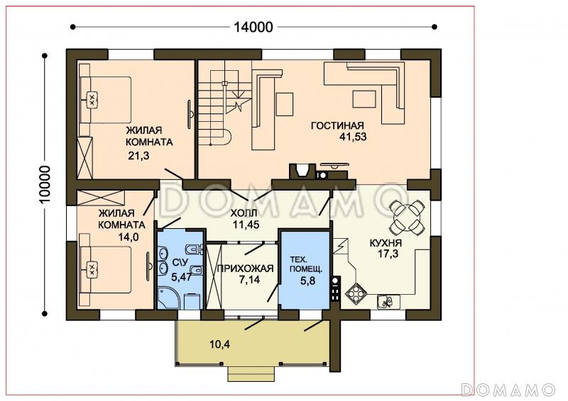 Проект двухэтажного коттеджа с контрофорсной стеной крыльца и вторым светом / План 1 этажа